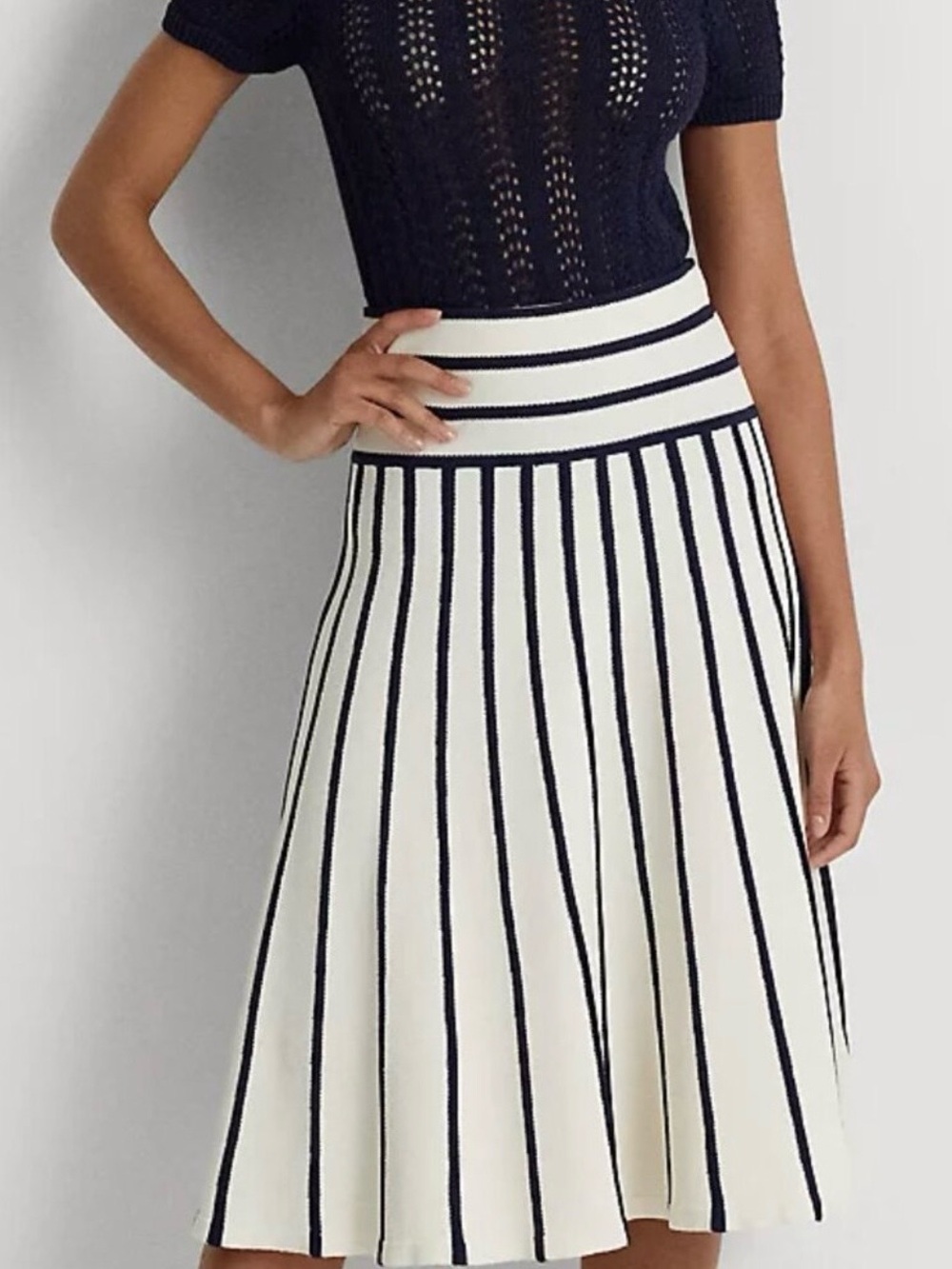 Lauren Ralph Lauren Navy & Ivory Striped Knit Midi Skirt